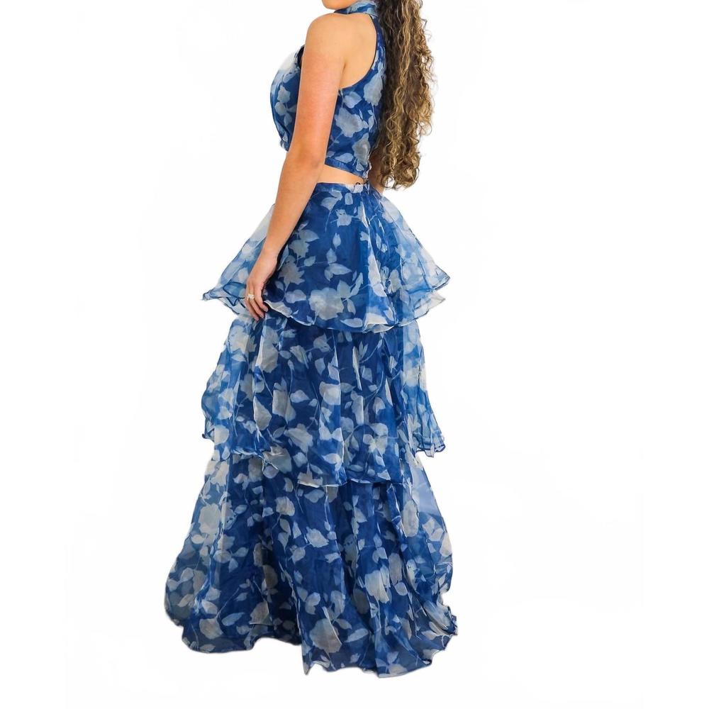 NEW SURELYMINE tiered ruffle two-piece set halter crop top & maxi skirt in blue - Picture 5 of 8